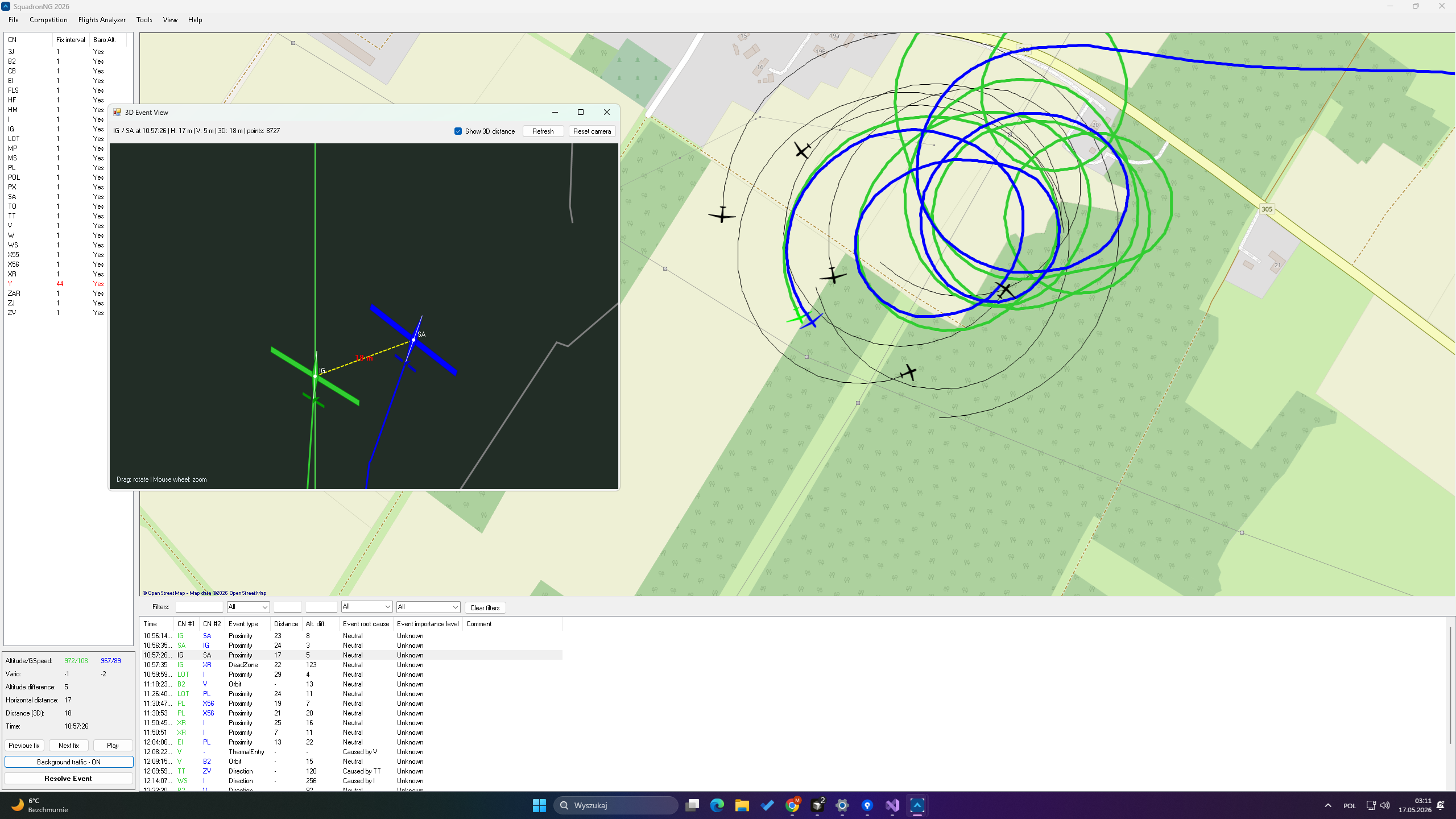 SquadronNG map and flight track view showing task analysis
